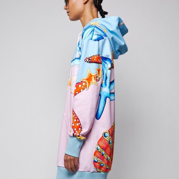 New: VERSACE Tresor De La Mer Logo Long Sleeve Hoodie Dress In Light Blue Multi, - Picture 4 of 5